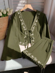 Embroidered tie-front top and shorts set in army green with white paisley detail.