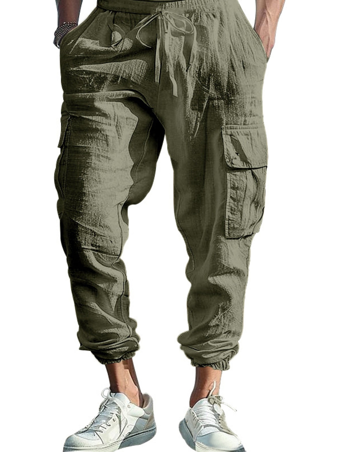 Military green cargo pants with drawstring and elastic cuffs.