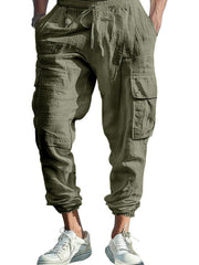 Military green cargo pants with drawstring and elastic cuffs.