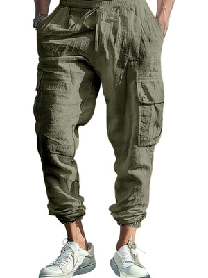 Military green cargo pants with drawstring and elastic cuffs.