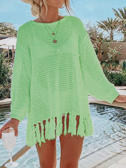 Neon Green open-knit acrylic beach cover-up with fringe hem and long sleeves.