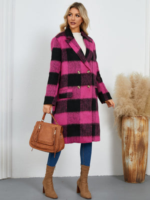 Checked plaid double-breasted cocoon coat in hot pink and black with gold buttons.