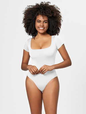 White square neck short sleeve bodysuit with a high cut leg