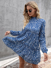Cerulean polka dot mini dress with ruffle yoke and tiered skirt