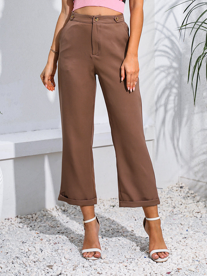 Taupe tailored crop trousers with button detail and cuffed hem