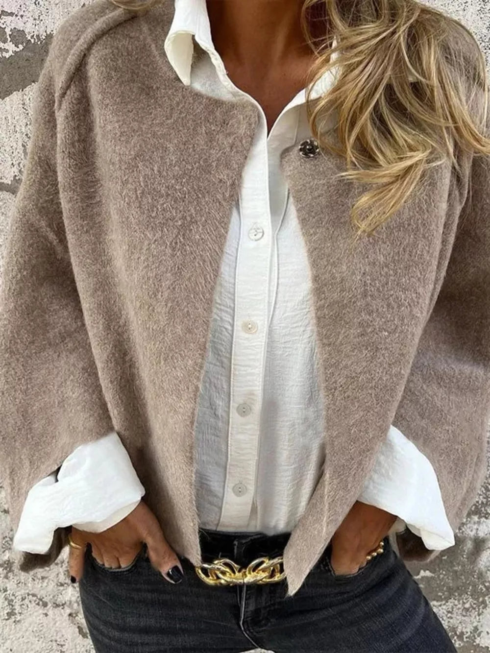Cozy fuzzy knit cardigan in Khaki with button detail, worn over a white shirt.