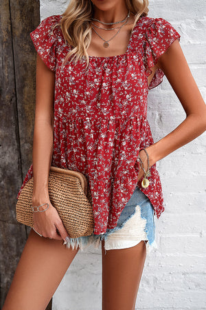 Deep Red floral peplum blouse with flutter sleeves and square neckline.