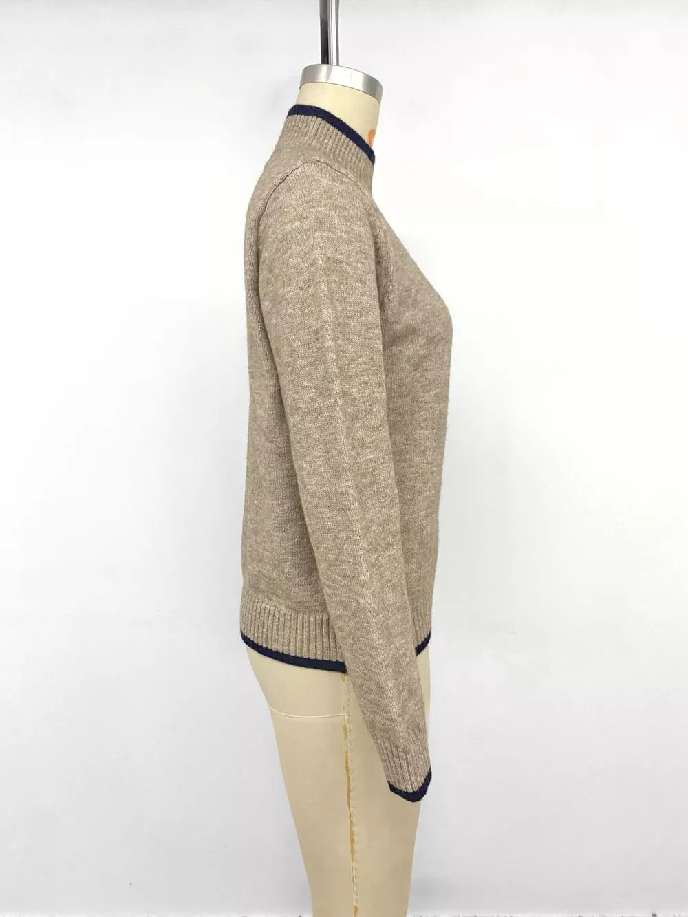 Cozy Mock Neck Sweater With Contrast Trim in Khaki, product detail