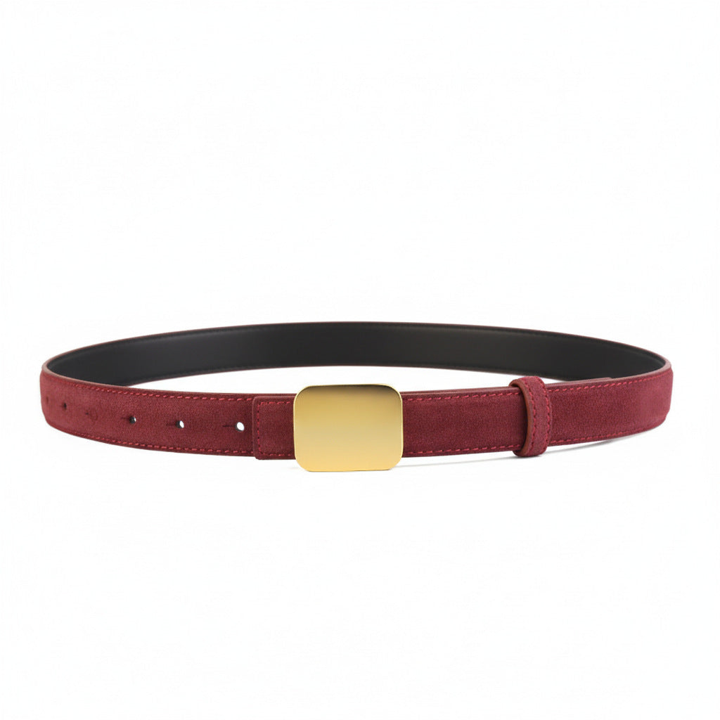 Red cowhide leather belt with gold square buckle