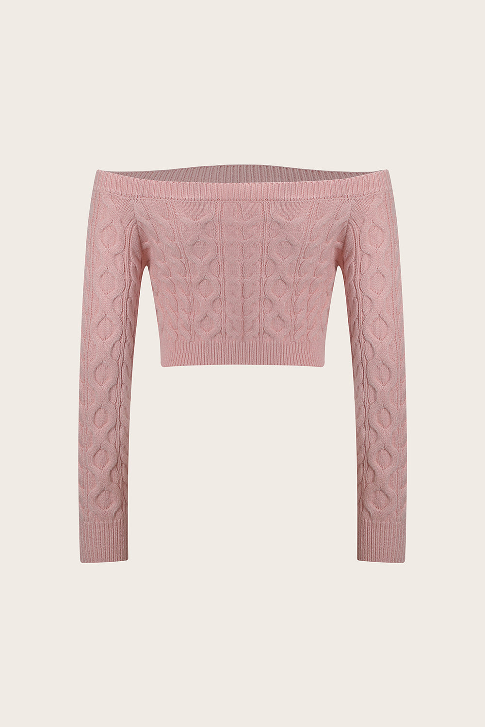 Blush pink cable knit cropped off-the-shoulder sweater with long sleeves.