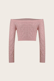 Blush pink cable knit cropped off-the-shoulder sweater with long sleeves.