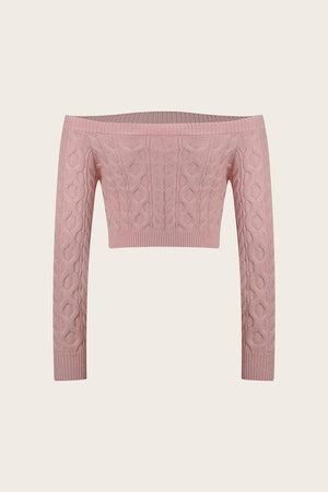 Blush pink cable knit cropped off-the-shoulder sweater with long sleeves.
