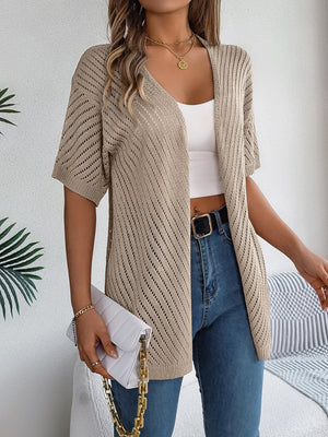Khaki open-knit slouchy cardigan with short sleeves and a V-neck
