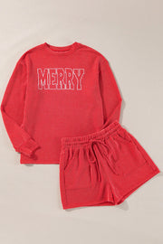 Textured red loungewear set with "Merry" graphic on top and drawstring shorts.