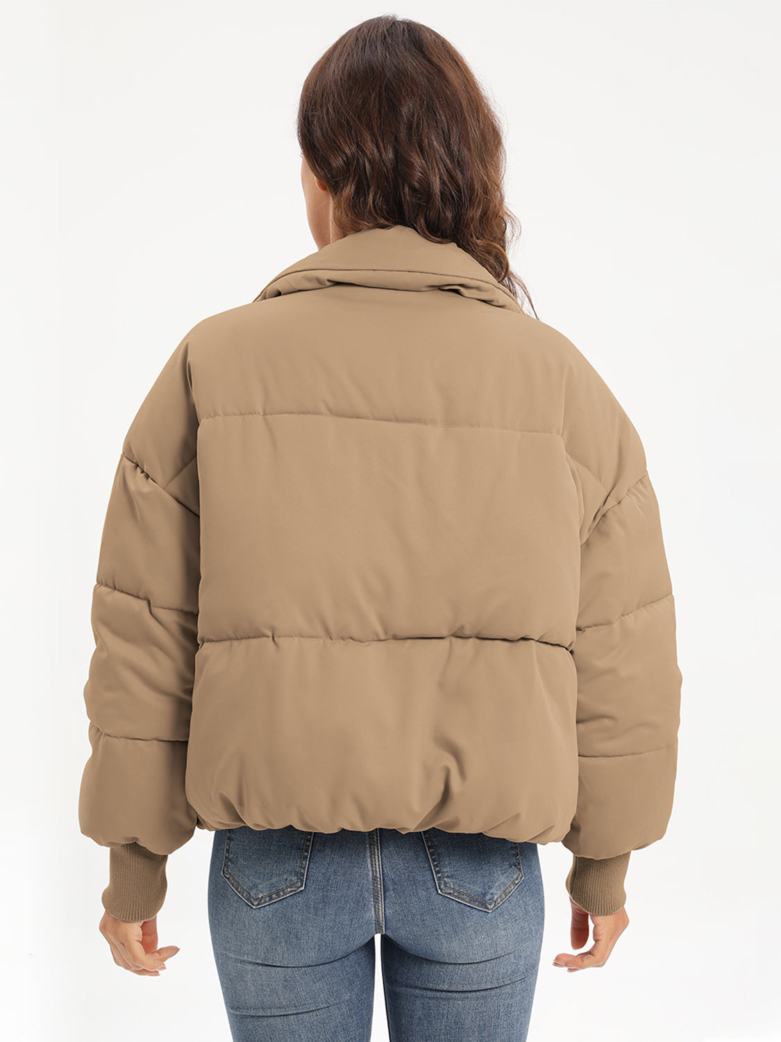 Camel padded bomber jacket with ribbed cuffs and collar, shown from the back.