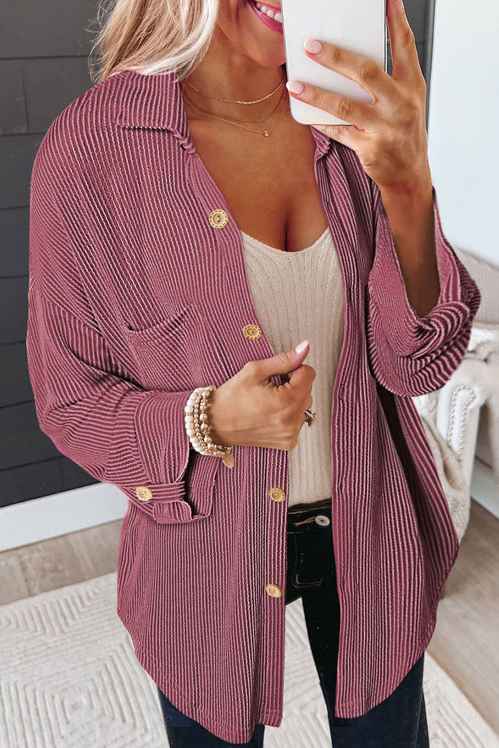 Textured stripe oversized overshirt in Dusty Pink with gold buttons and chest pocket.