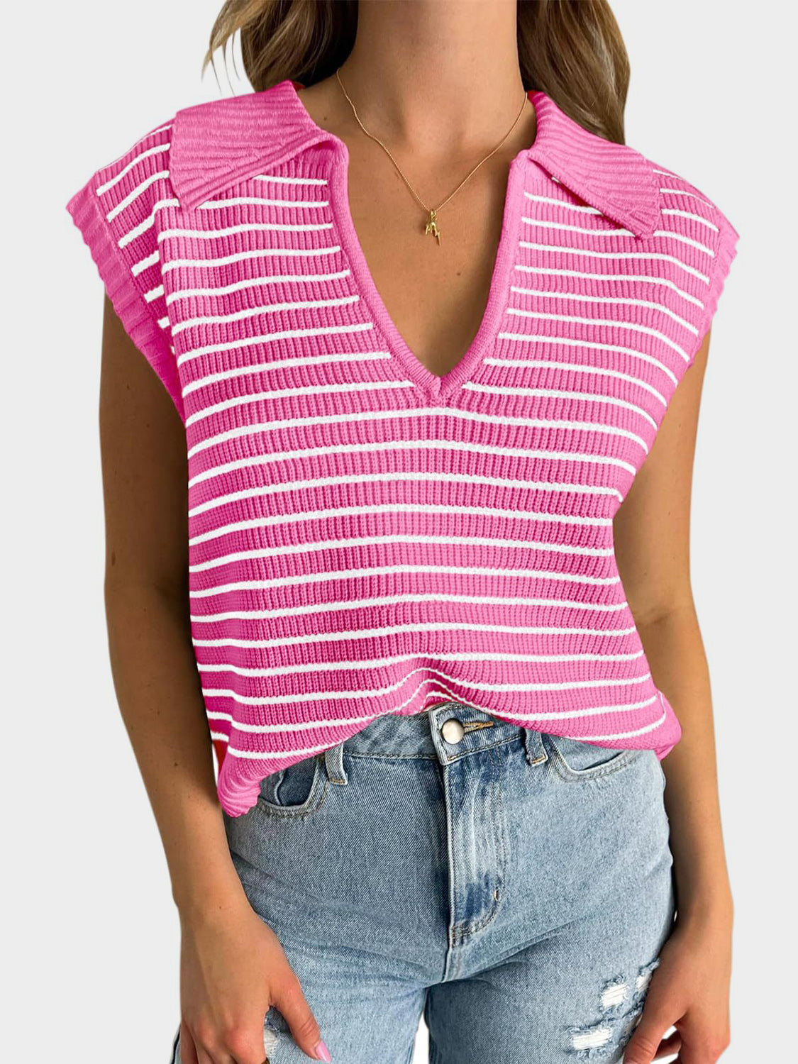 Pink ribbed knit polo vest with white stripes and V-neck