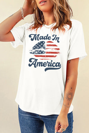 White t-shirt with distressed American flag lips graphic and text Made In America.