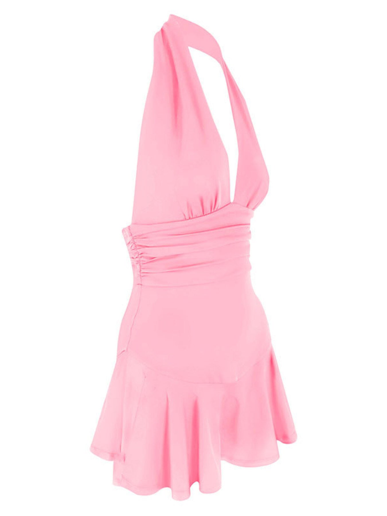Pink halter dress with plunging V-neck, ruched waist, and ruffle hem.