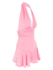 Pink halter dress with plunging V-neck, ruched waist, and ruffle hem.
