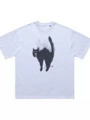 White cotton t-shirt with a black cat graphic and blue rhinestone eyes.