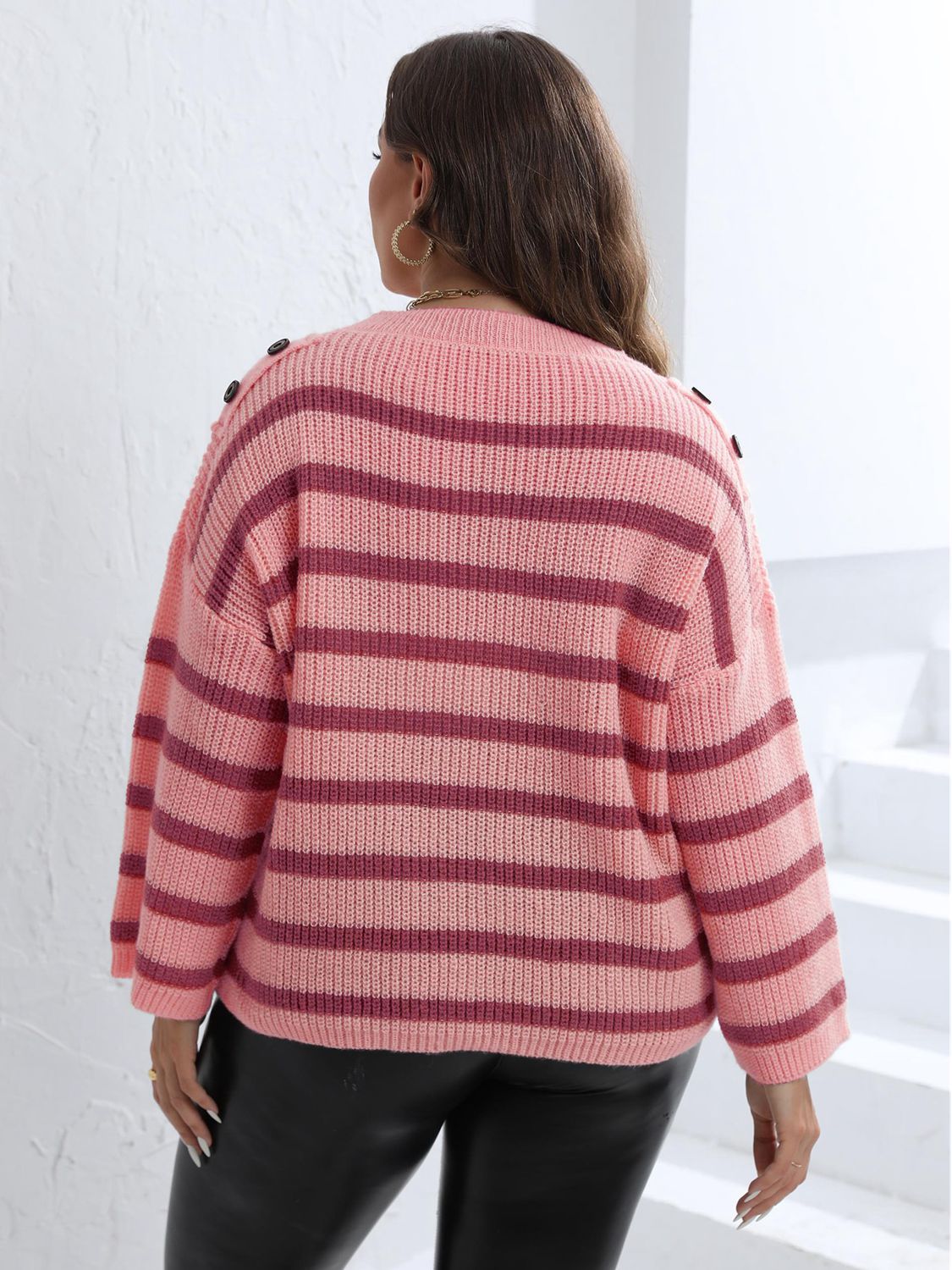 Blush pink striped knit sweater with shoulder buttons