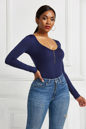Royal Blue long sleeve bodysuit with plunge neckline and zip front detail.