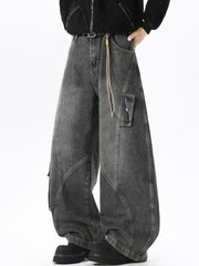 Men's wide leg cargo jeans in black denim with multiple pockets and a relaxed fit.