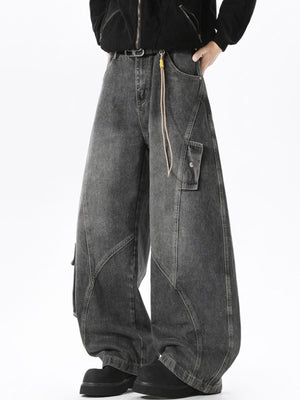 Men's wide leg cargo jeans in black denim with multiple pockets and a relaxed fit.
