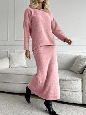 Textured knit co-ord set in blush pink, featuring a relaxed fit sweater and maxi skirt.