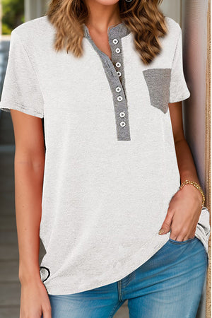 White henley tee with grey contrast placket and patch pocket