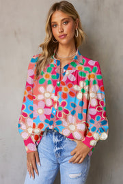 Multicolor floral print blouse with blouson sleeves and button front