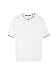 Men's white crew neck t-shirt with contrast black trim on neckline and sleeves.