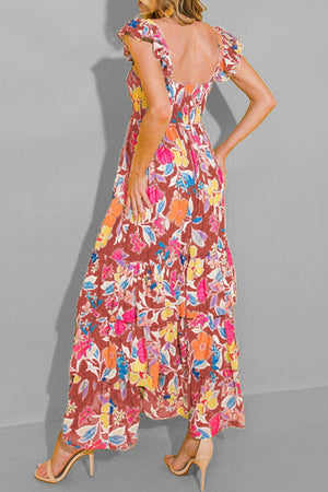 Floral ruffle-sleeve tiered midi dress with a smocked bodice and vibrant floral print.