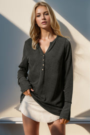 Dark Gray Waffle Knit Henley shirt with button placket and thumbhole cuffs.