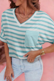Striped V-neck t-shirt in teal and white with a chest pocket.