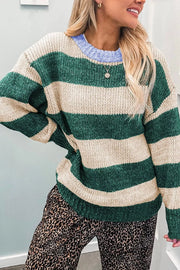Striped Colorblock Drop Shoulder Pullover Sweater in Dark Green, model styling view