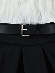 Black pleated skirt with a faux leather belt and silver buckle detail