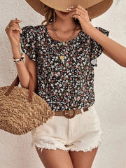 Black floral flutter sleeve blouse with scoop neck and button detail
