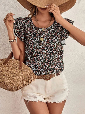 Black floral flutter sleeve blouse with scoop neck and button detail