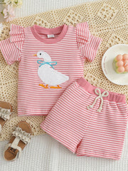Pink striped baby set with embroidered duck and ruffle sleeves.