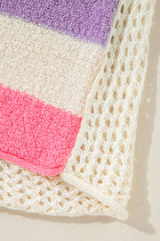 Colorblock knit hoodie with purple, cream, and blush pink stripes and open knit detail.