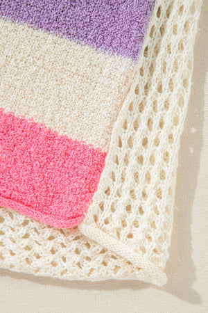 Colorblock knit hoodie with purple, cream, and blush pink stripes and open knit detail.
