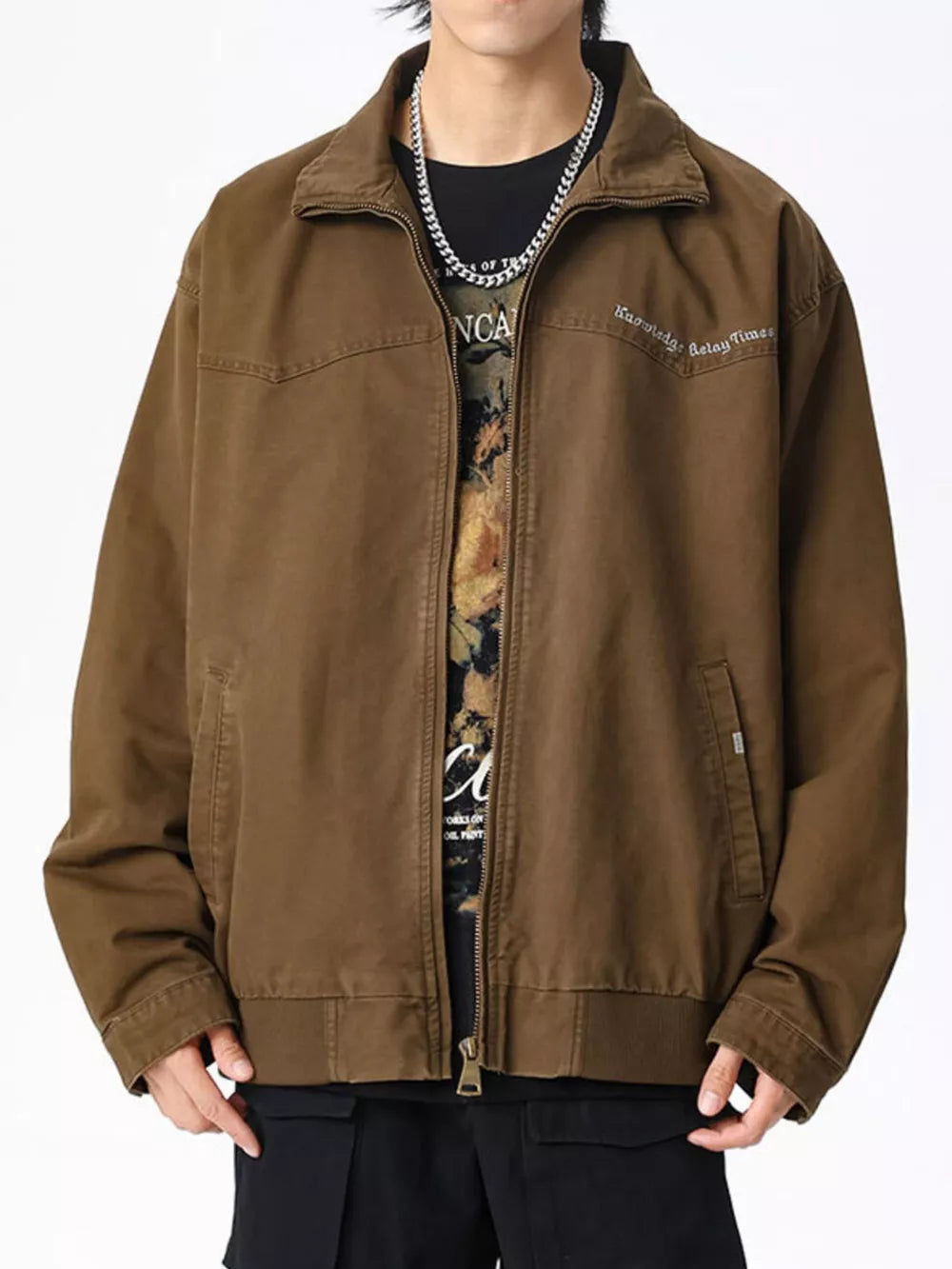 Men's brown cotton zip-up jacket with embroidered detail and pockets