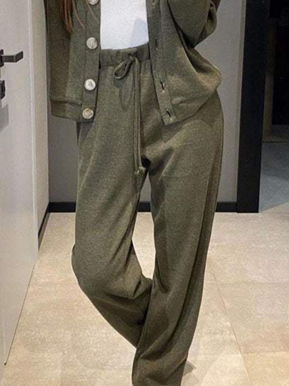 Army green lounge set with button-front top and drawstring pants