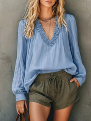 Bohemian Ruffled V-neck Long Sleeve Blouse in White, fit detail
