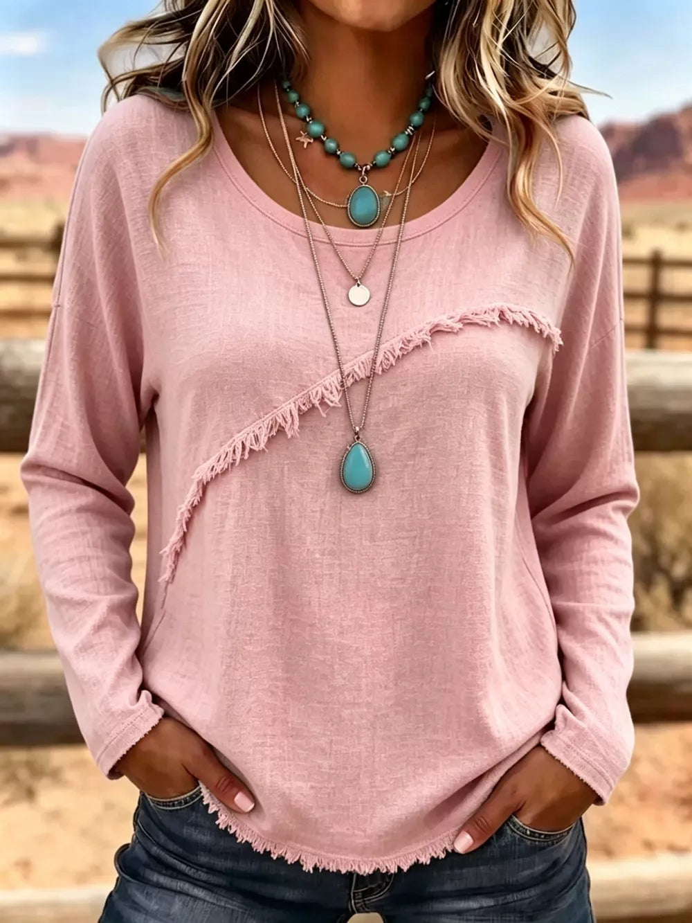 Full Size Fringe Detail Long Sleeve T-shirt Plus Size in Orange, fit detail