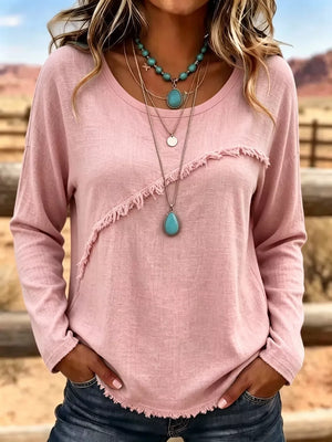 Full Size Fringe Detail Long Sleeve T-shirt Plus Size in Orange, fit detail