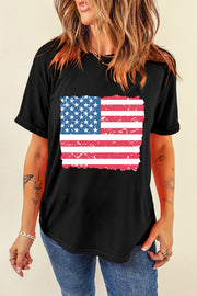 Black cotton t-shirt with a distressed American flag graphic and torn edges.