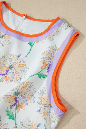 Sleeveless floral print dress with orange and purple trim and zipper detail.